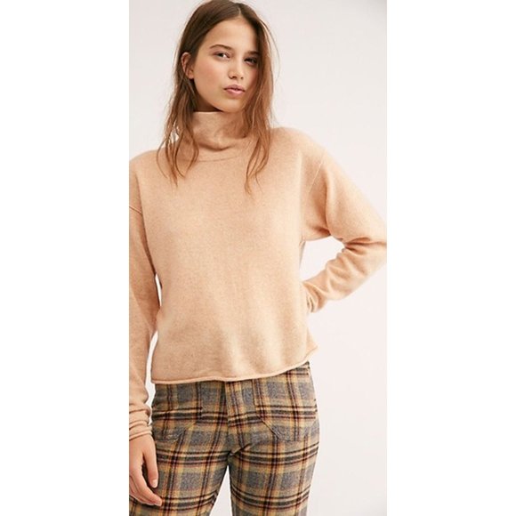 Free People 100% Cashmere Turtleneck Sweater Tan Women Size L - Picture 1 of 12
